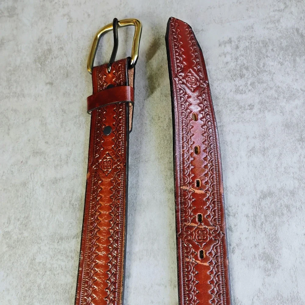Vintage Stamped Brown Leather Belt Mens 42 Inch XL Western Boho Made In USA
